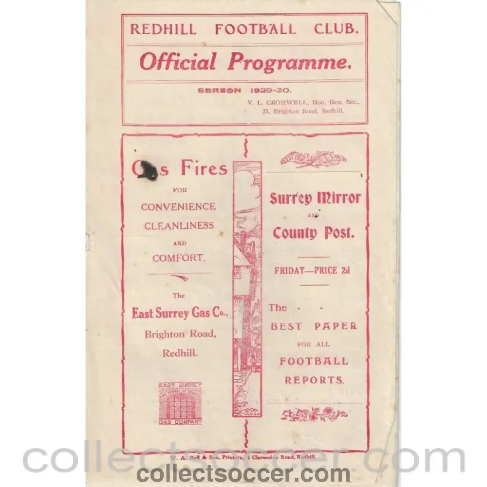 1930 - Redhill v Wimbledon 22/3/30 SSC Official Programme - Collect Soccer