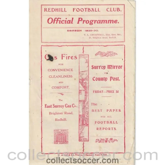 1930 - Redhill v Wimbledon 22/3/30 SSC Official Programme - Collect Soccer