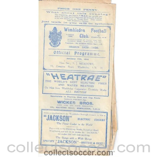 1930 - Wimbledon v Dulwich Hamlet 11/1/1930 Programme - Collect Soccer
