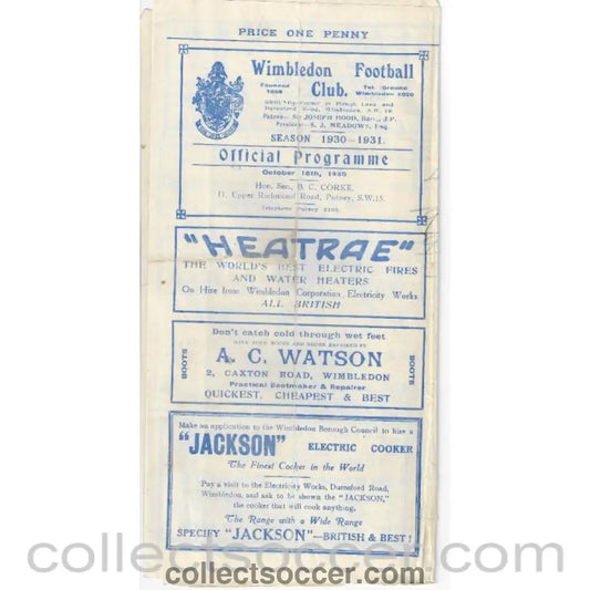1930 - Wimbledon v Dulwich Hamlet Official Programme 18/10/1930 Official Programme - Collect Soccer