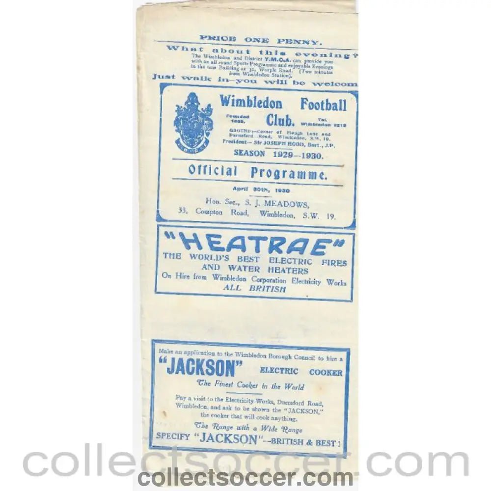1930 - Wimbledon v Ilford 30/4/1930 Official Programme - Collect Soccer