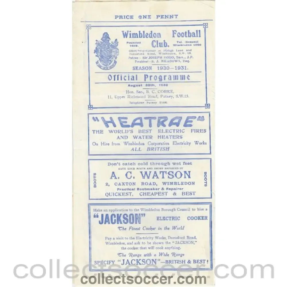 1930 - Wimbledon v London Caledonians 30/9/1930 Official Programme - Collect Soccer