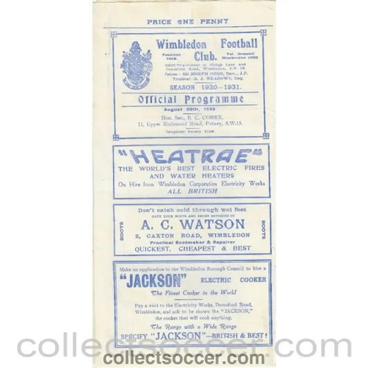 1930 - Wimbledon v London Caledonians 30/9/1930 Official Programme - Collect Soccer