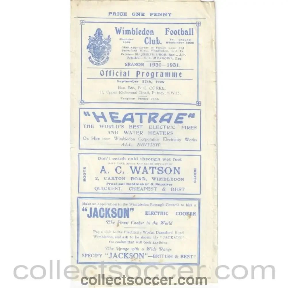 1930 - Wimbledon v Mitcham Wanderers Surrey Charity Shield 27/9/1930 Official Programme - Collect Soccer