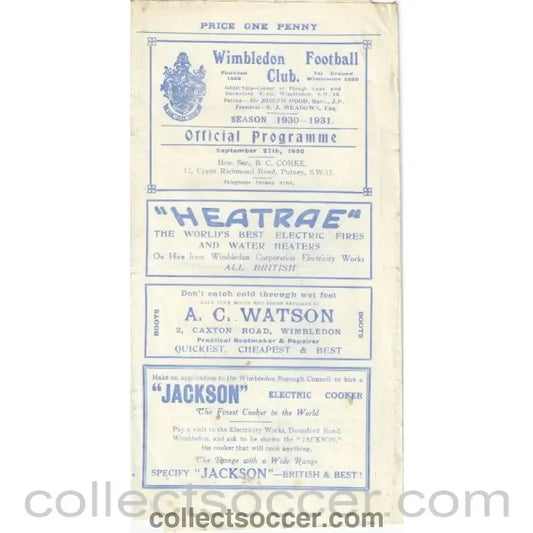 1930 - Wimbledon v Mitcham Wanderers Surrey Charity Shield 27/9/1930 Official Programme - Collect Soccer