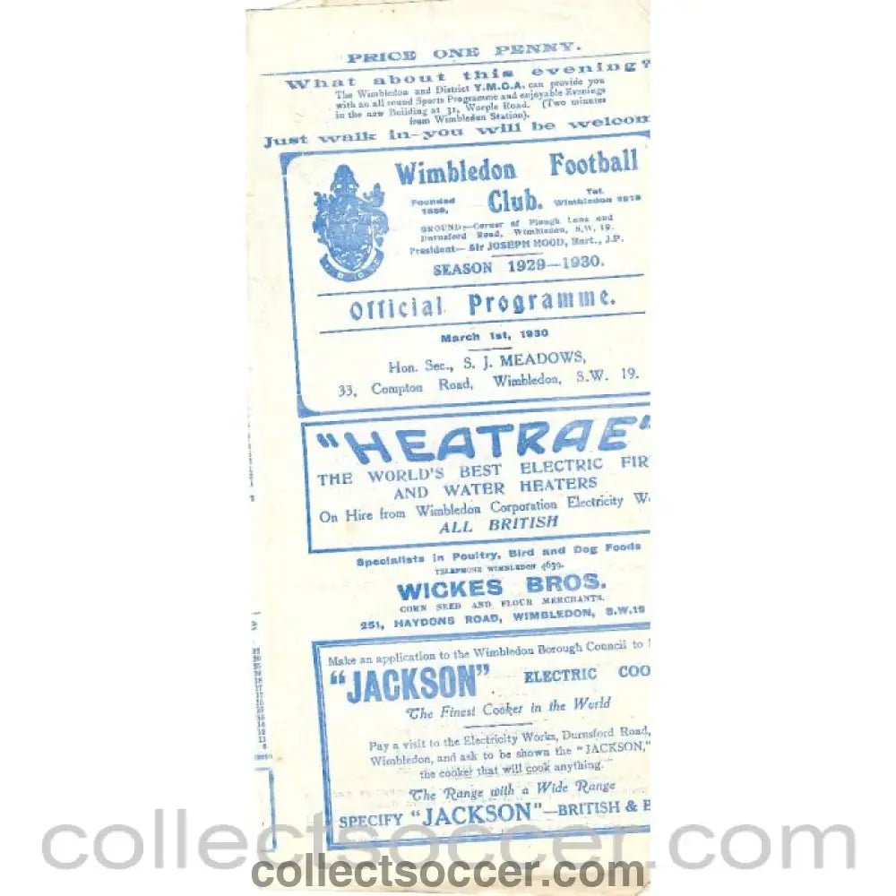 1930 - Wimbledon v Oxford City 1/3/1930 Official Programme - Collect Soccer