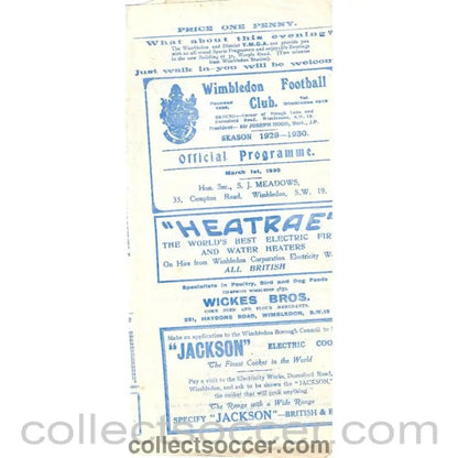 1930 - Wimbledon v Oxford City 1/3/1930 Official Programme - Collect Soccer