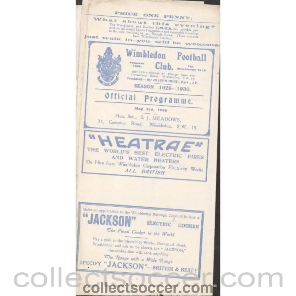1930 - Wimbledon v The Casuals 3/05/1930 Official Programme - Collect Soccer
