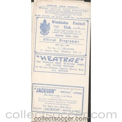 1930 - Wimbledon v The Casuals 3/05/1930 Official Programme - Collect Soccer