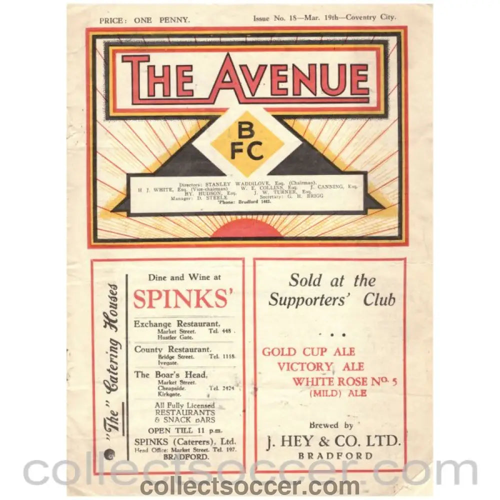 1930's Bradford Park Avenue v Coventry City Official Programme - Collect Soccer