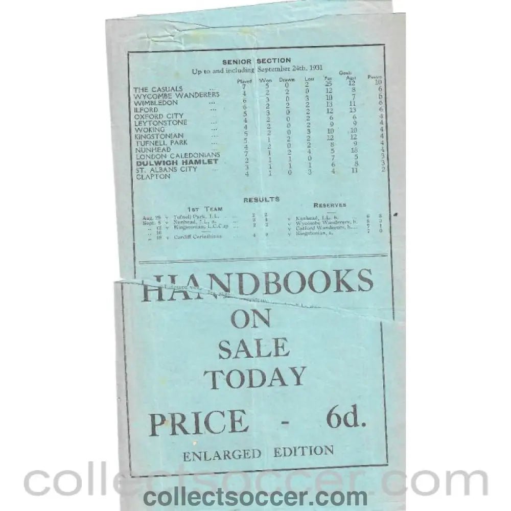 1931 - Dulwich Hamlet v Wimbledon 26/9/1931 Programme - Torn after page 1 and 2 - Collect Soccer