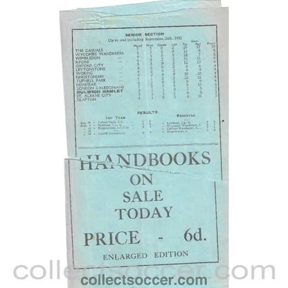 1931 - Dulwich Hamlet v Wimbledon 26/9/1931 Programme - Torn after page 1 and 2 - Collect Soccer