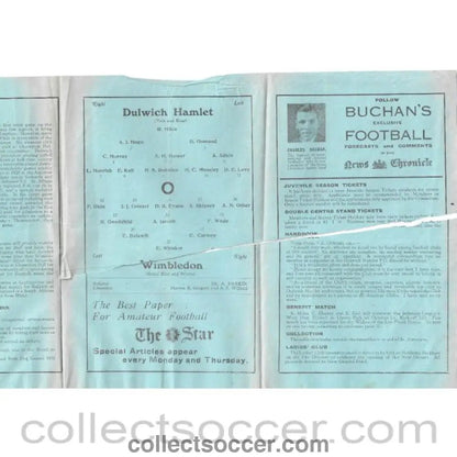 1931 - Dulwich Hamlet v Wimbledon 26/9/1931 Programme - Torn after page 1 and 2 - Collect Soccer