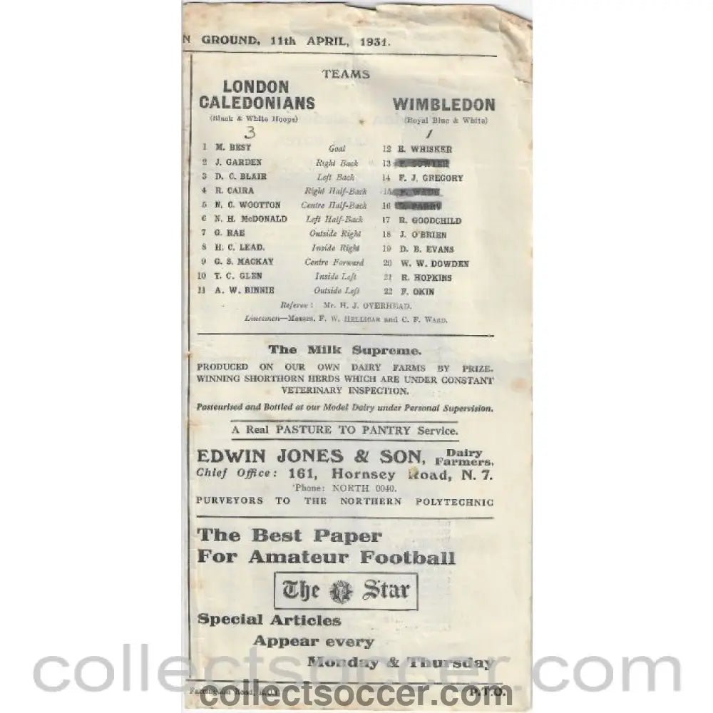 1931 - London Caledonians v Wimbledon 11/4/1931 Official Programme - Collect Soccer