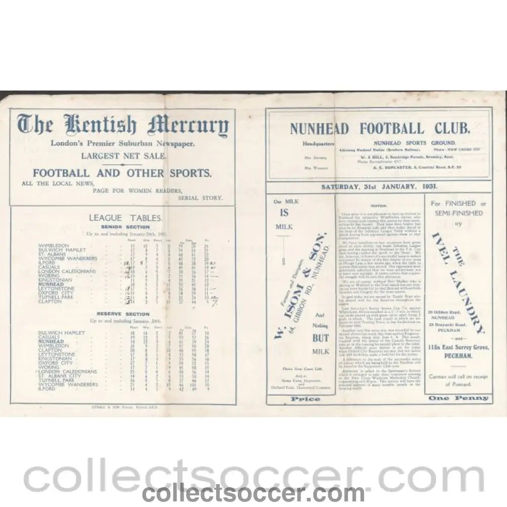 1931 - Official Programme Nunhead V Wimbledon LSC 1st Round Replay 31/1/1931 - Collect Soccer