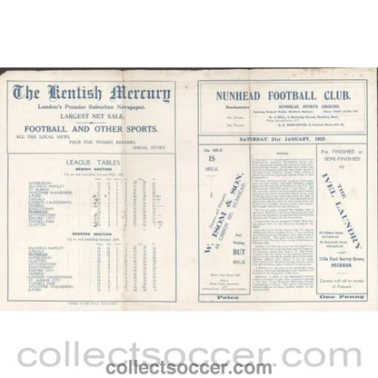 1931 - Official Programme Nunhead V Wimbledon LSC 1st Round Replay 31/1/1931 - Collect Soccer