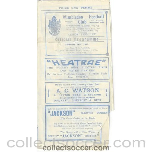 1931 - Wimbledon v Kingstonian SSC 2nd Round 14/2/1931 - some damage Official Programme - Collect Soccer