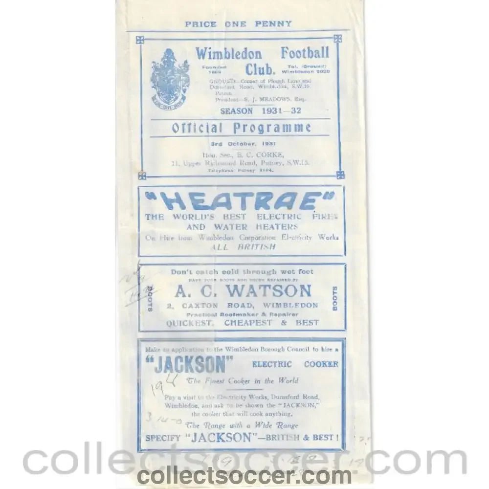 1931 - Wimbledon v Leyton 3/10/1931 LCC Official Programme - Collect Soccer