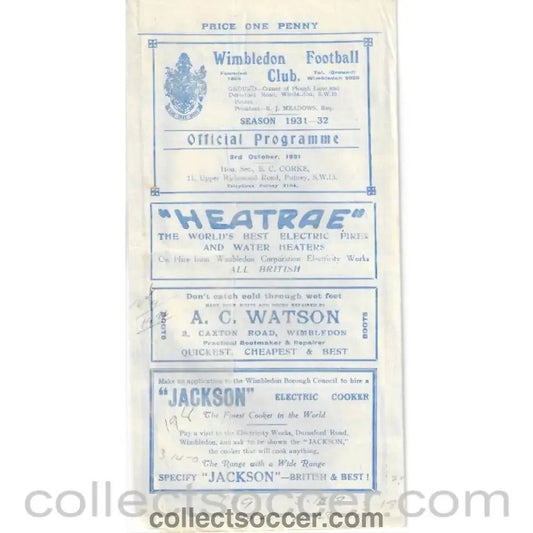 1931 - Wimbledon v Leyton 3/10/1931 LCC Official Programme - Collect Soccer