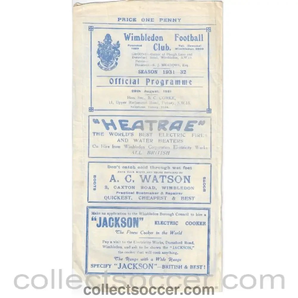 1931 - Wimbledon v London Caledonians Official Programme 29/08/1931 - Collect Soccer