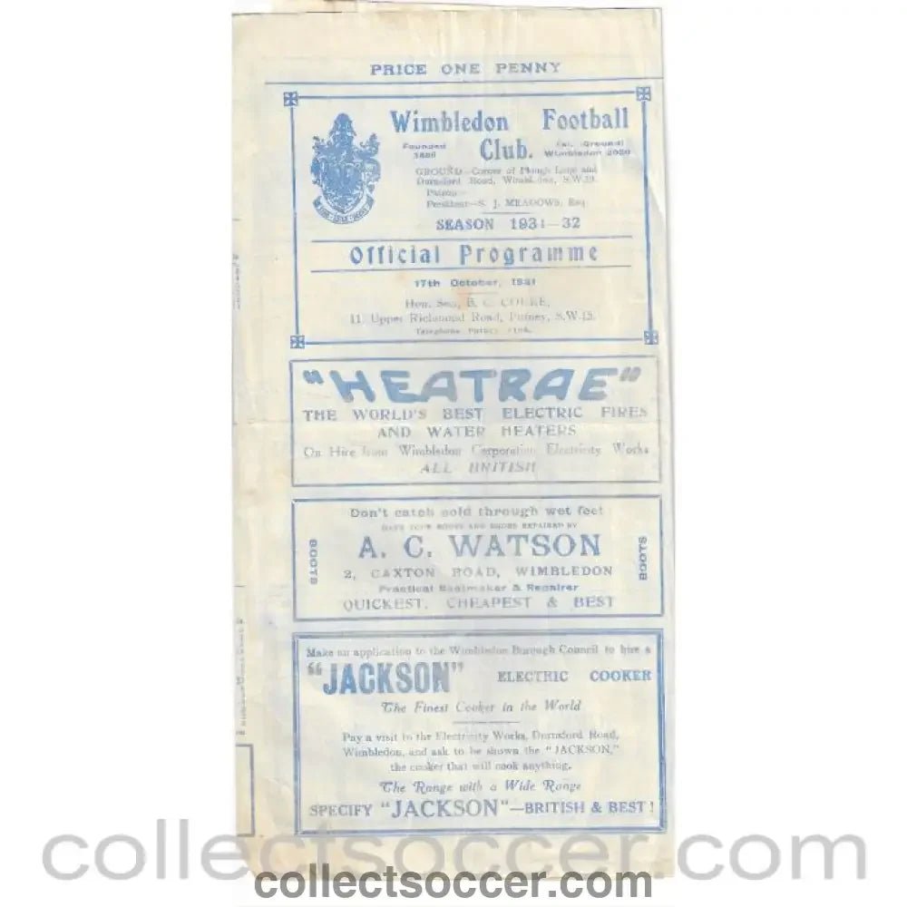 1931 - Wimbledon v Nunhead Official Programme 17/10/1931 - Collect Soccer