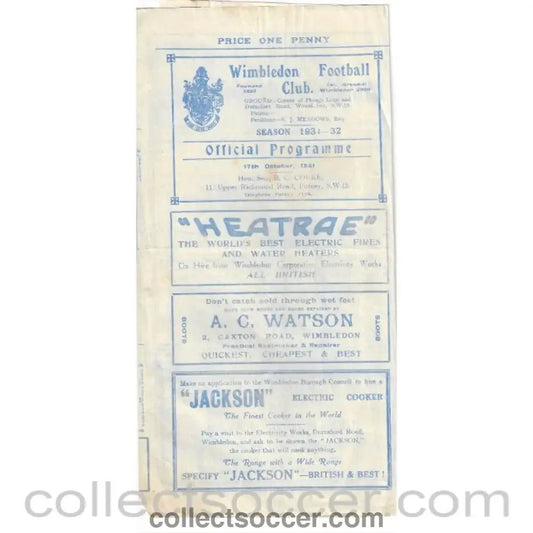 1931 - Wimbledon v Nunhead Official Programme 17/10/1931 - Collect Soccer