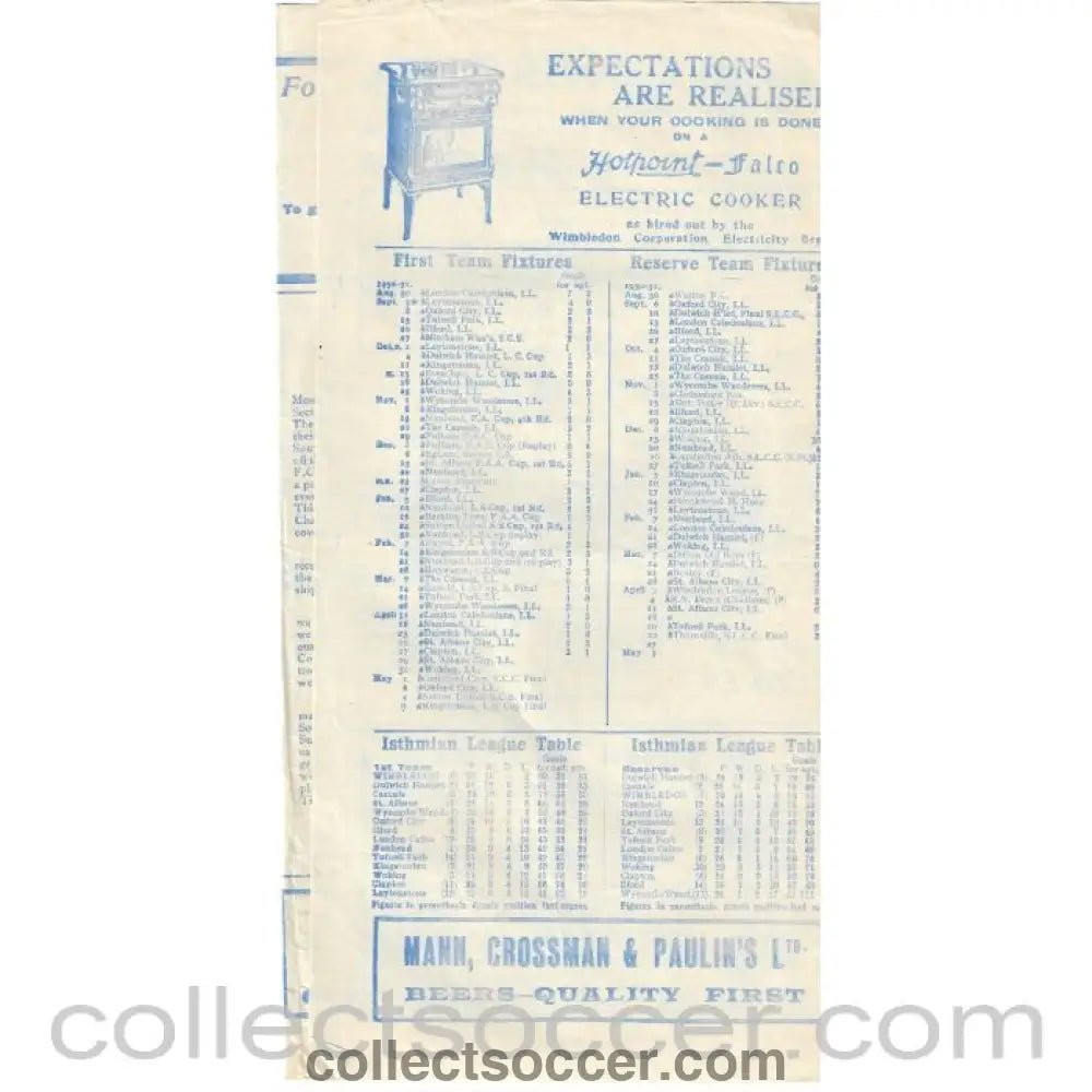 1931 - Wimbledon v St Albans City 29/04/1931 Football Programme - Collect Soccer