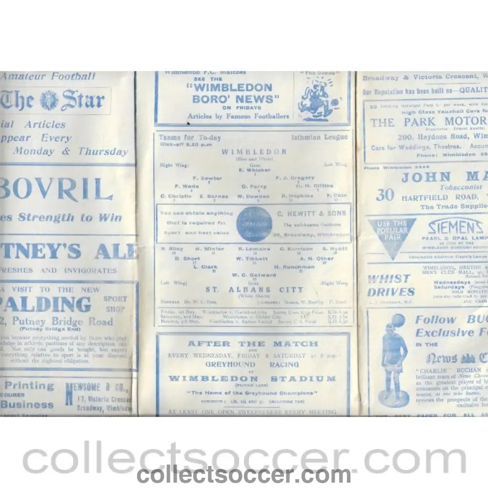 1931 - Wimbledon v St Albans City 29/04/1931 Football Programme - Collect Soccer