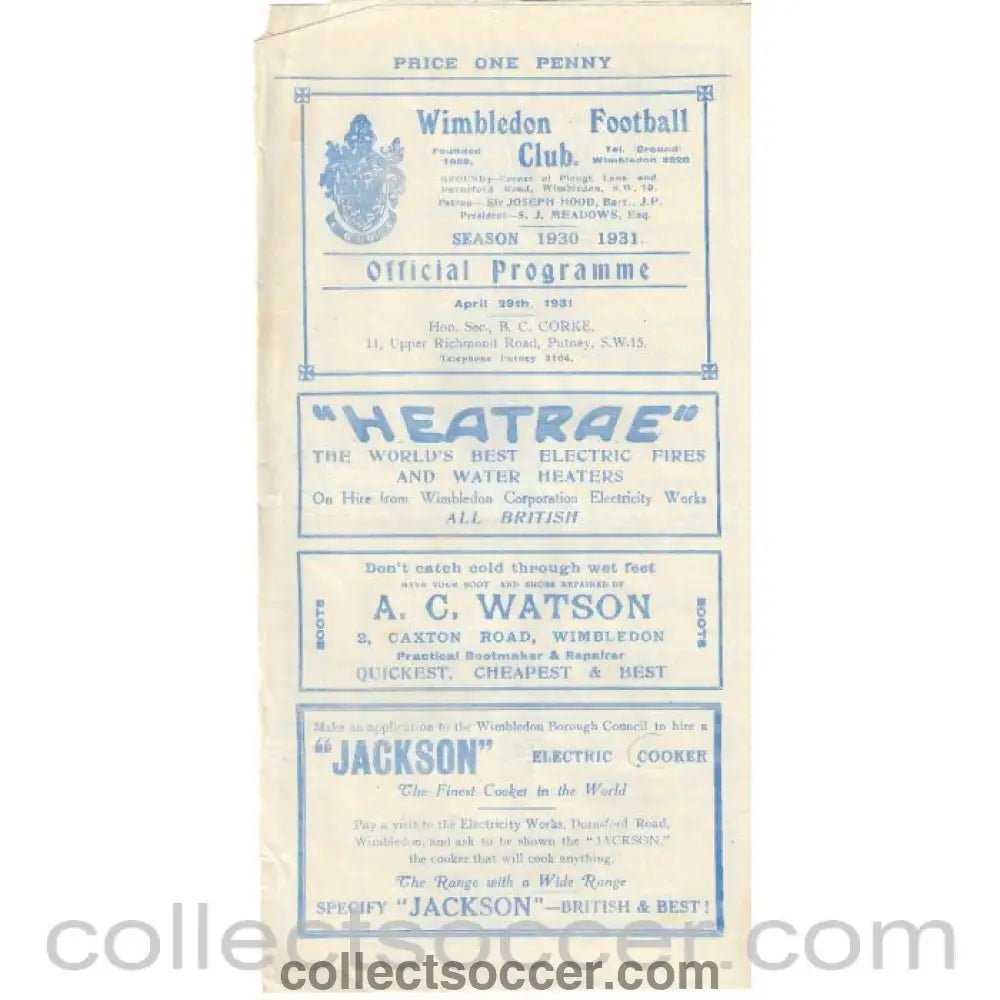 1931 - Wimbledon v St Albans City 29/04/1931 Football Programme - Collect Soccer