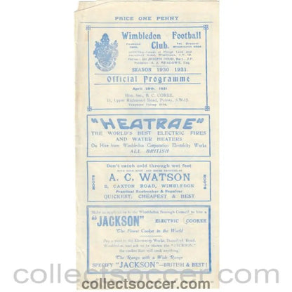1931 - Wimbledon v St Albans City 29/04/1931 Football Programme - Collect Soccer