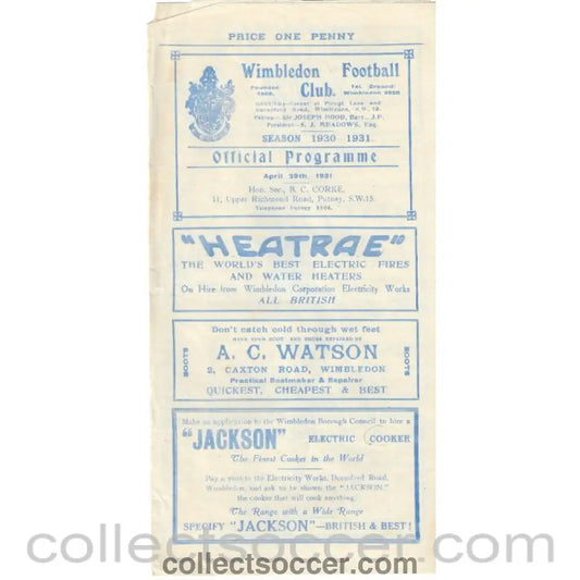 1931 - Wimbledon v St Albans City 29/04/1931 Football Programme - Collect Soccer