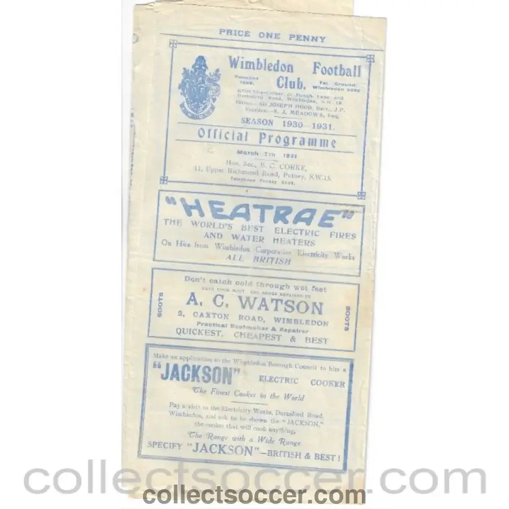1931 - Wimbledon v The Casuals Official Programme 7/3/1931 - Collect Soccer
