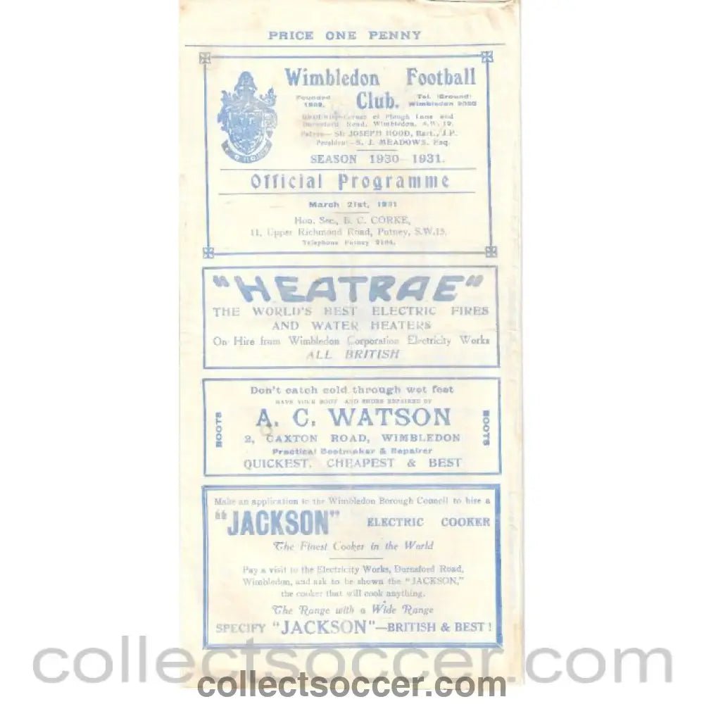 1931 - Wimbledon v Tufnell Park Official Programme 21/03/1931 - Collect Soccer