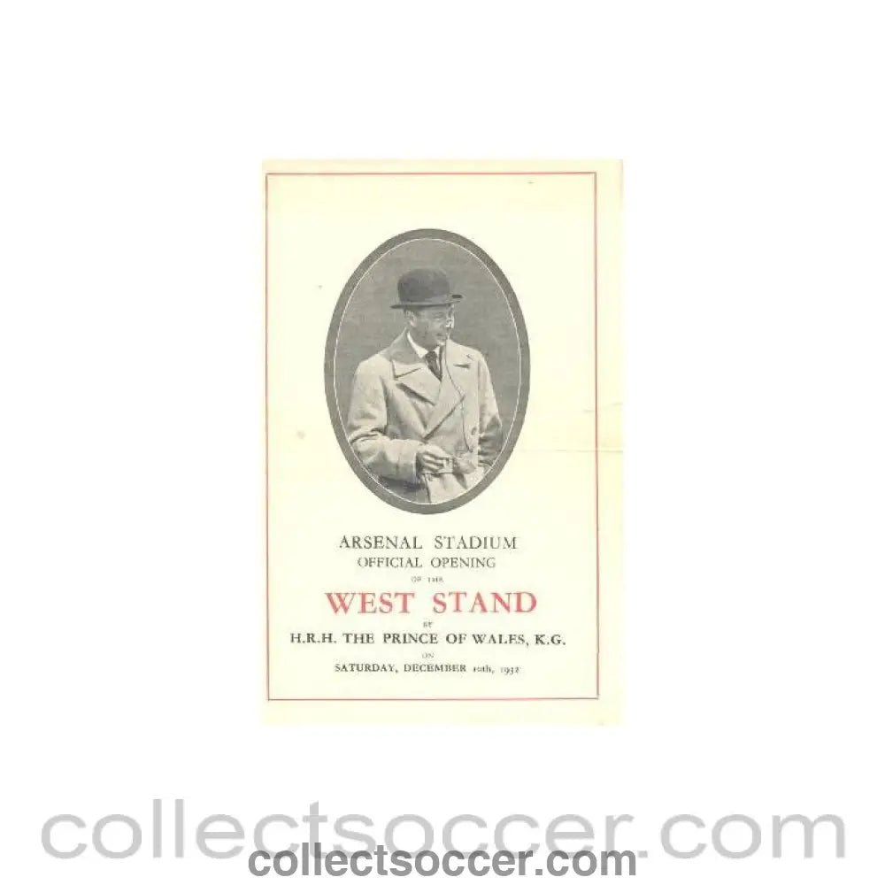 1932 - Arsenal Stadium official opening of the West Stand 10/12/1932 - Collect Soccer