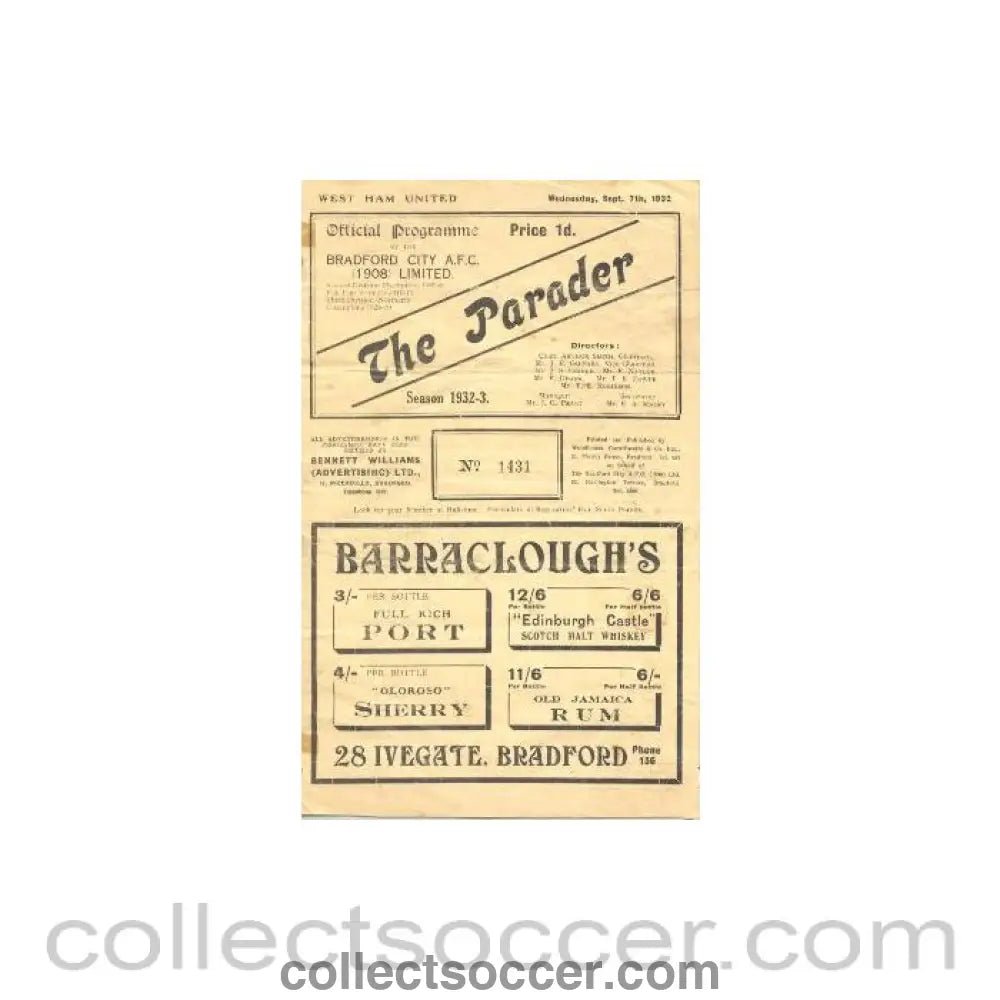 1932 - Bradford v Fulham official programme 07/09/1932 - Collect Soccer