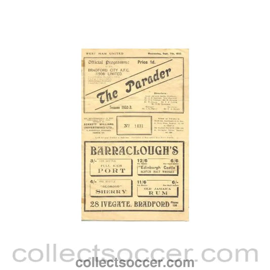 1932 - Bradford v Fulham official programme 07/09/1932