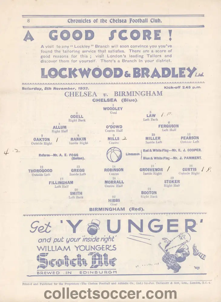 1932 Chelsea v Birmingham 5/11/1932 Official Programme 5/11/1932