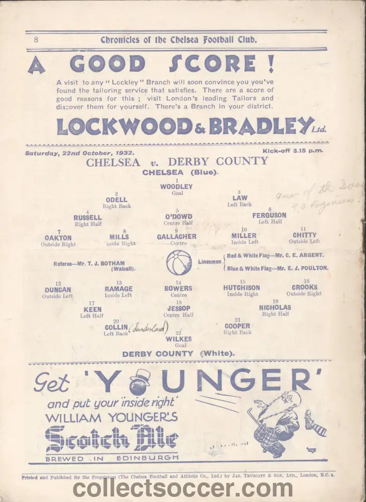 1932 Chelsea v Derby County Official Programme 22/10/1932