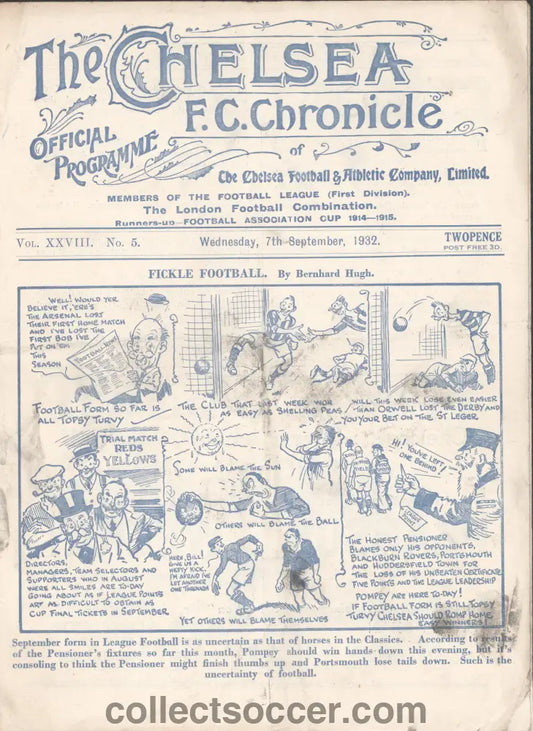 1932 Chelsea v Portsmouth Official Programme 7/9/1932