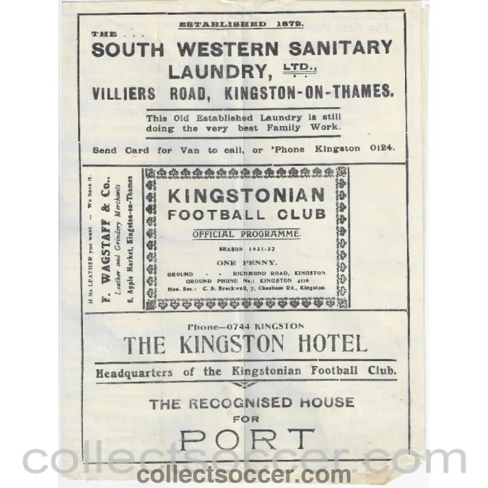 1932 - Kingstonian v Wimbledon 16/4/1932 Official Programme - Collect Soccer