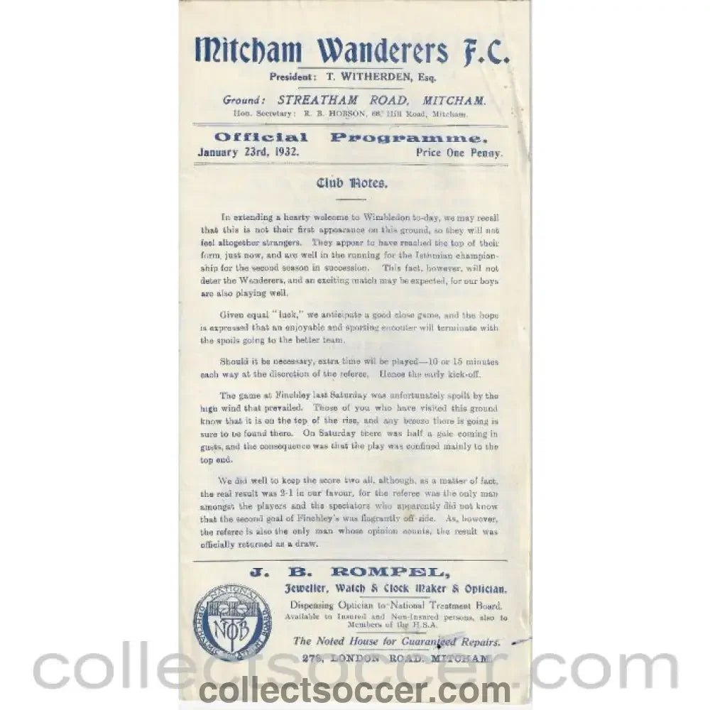1932 - Mitcham Wanderers v Wimbledon Fc 23/1/1932 Official Programme - Collect Soccer