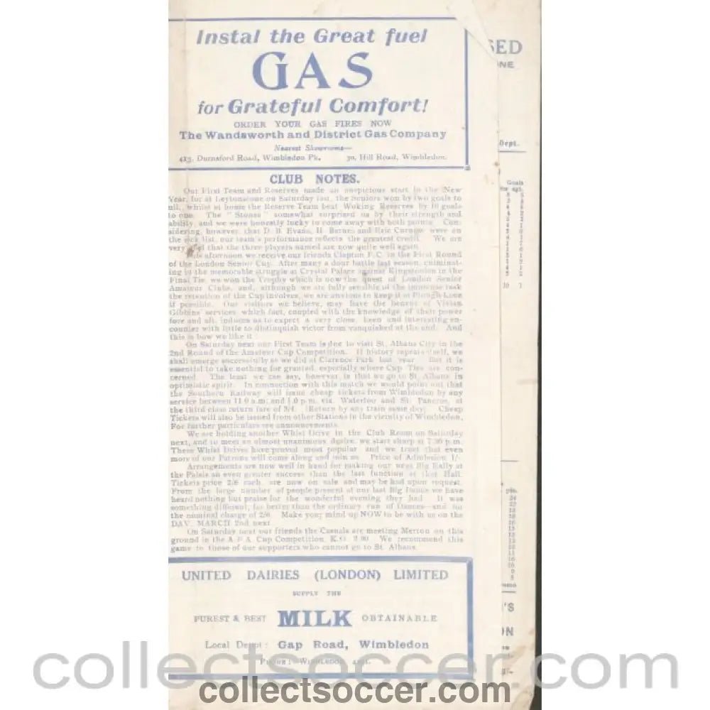 1932 - Official Programme Wimbledon v Clapton LSC 1st Round 9/1/1932 - Collect Soccer