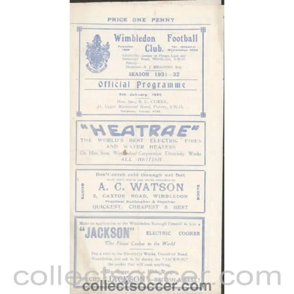 1932 - Official Programme Wimbledon v Clapton LSC 1st Round 9/1/1932 - Collect Soccer