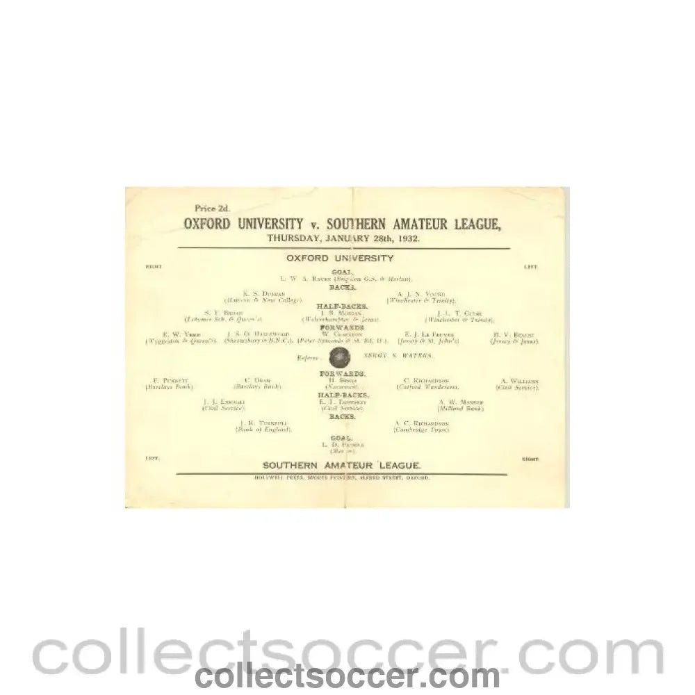 1932 - Oxford University v Southern Amateur League 28/01/1932 Very Rare! - Collect Soccer