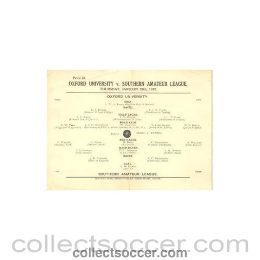 1932 - Oxford University v Southern Amateur League 28/01/1932 Very Rare! - Collect Soccer