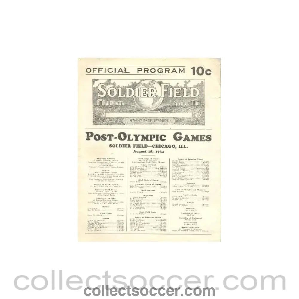 1932 Post - Olympic Games Soldier Field Chicago, Illinois, USA 18/08/1932 - Collect Soccer