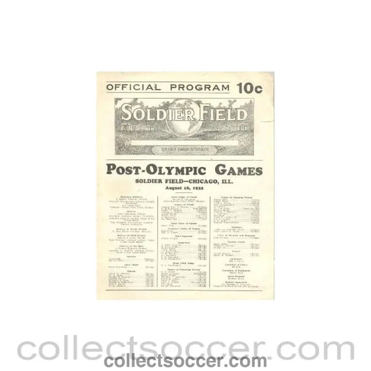 1932 Post - Olympic Games Soldier Field Chicago, Illinois, USA 18/08/1932 - Collect Soccer