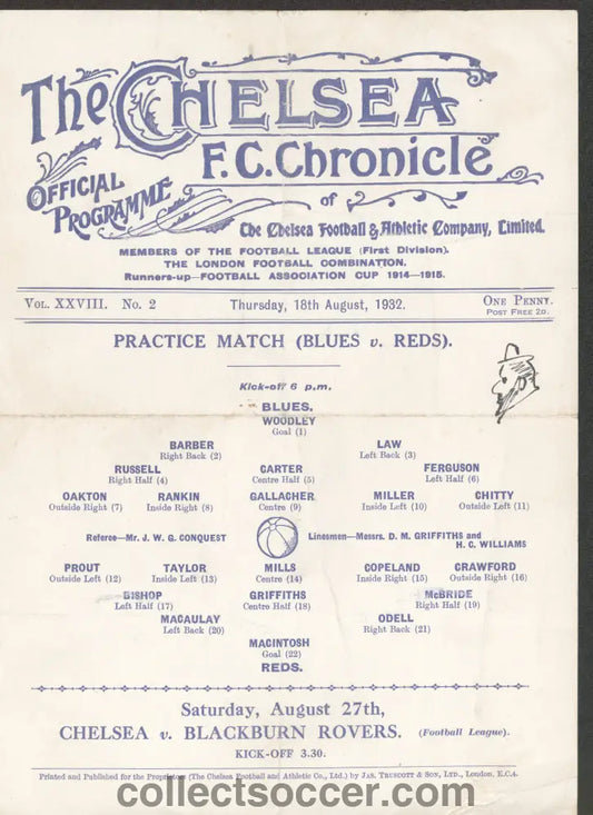 1932 Pre Season Friendly Chelsea Blues v Reds 18/8/1932