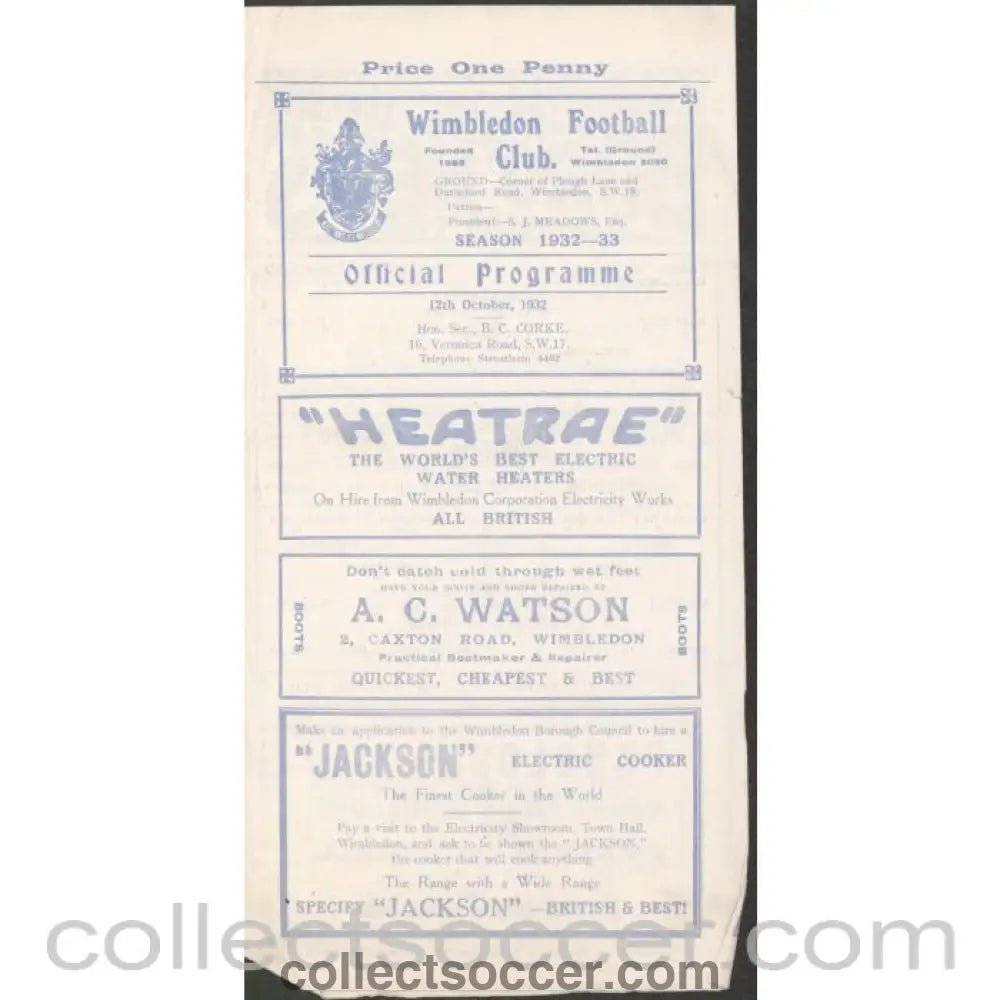 1932 - Wimbledon FC V Crystal Palace London CC 12/10/1932 Football Programme - Collect Soccer