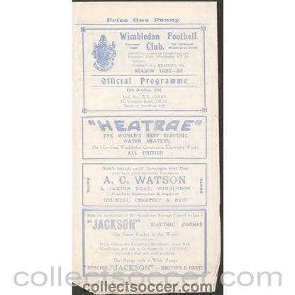 1932 - Wimbledon FC V Crystal Palace London CC 12/10/1932 Football Programme - Collect Soccer